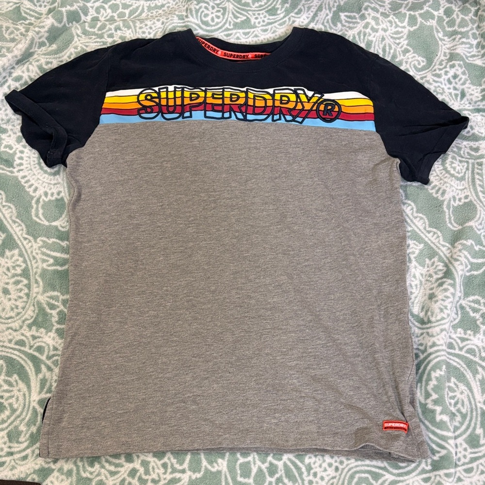 Superdry Black and Gray Tee with Colorful Stripes